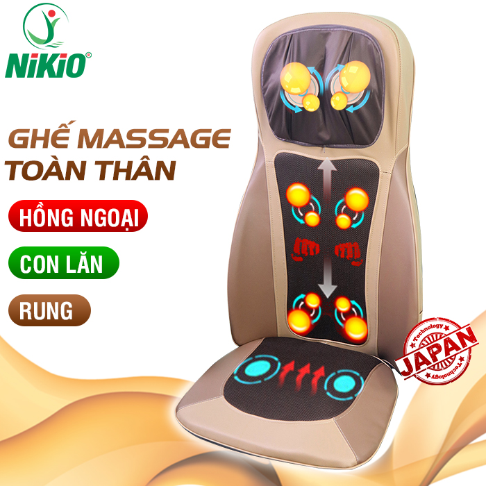 Thư giãn toàn thân cùng ghế massage lưng, cổ, mông xoa bóp day ấn rung, nhiệt hồng ngoại Nikio NK-180